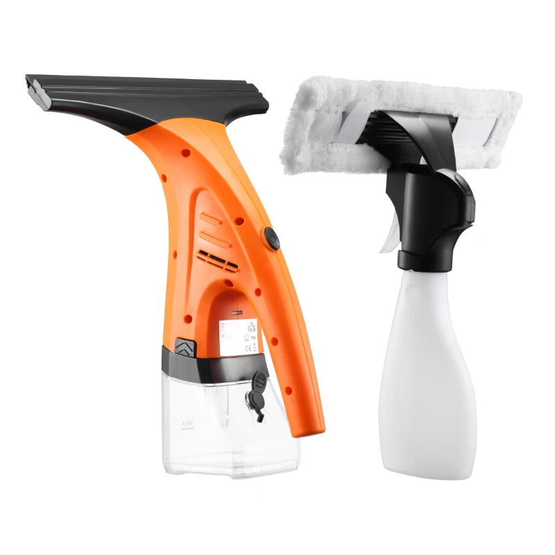 HOMCOM Limpiador de Ventanas Eléctrico 2 en 1 Aspirador Limpiacristales con Depósito de Agua 300 ml y Punta de Goma Incluye Pulverizador 19,5x12,5x33 cm Naranja