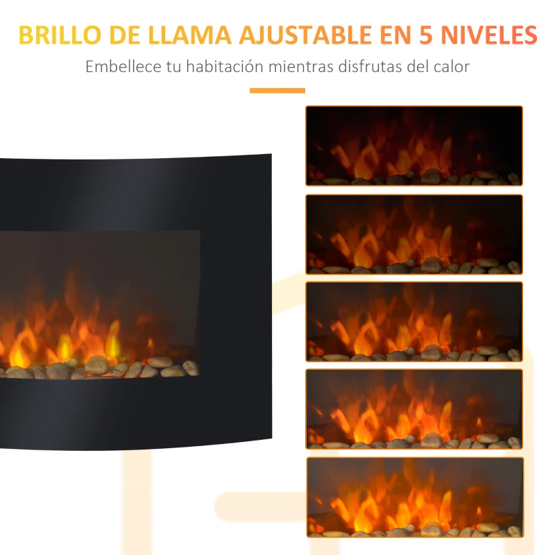 HOMCOM Chimenea Eléctrica 900W/1800W Chimenea Decorativa de Pared con Temperatura Ajustable Efecto Llamas Atmosféricas y Mando a Distancia para Sala 25-30 m² 65x11,4x52 cm Negro