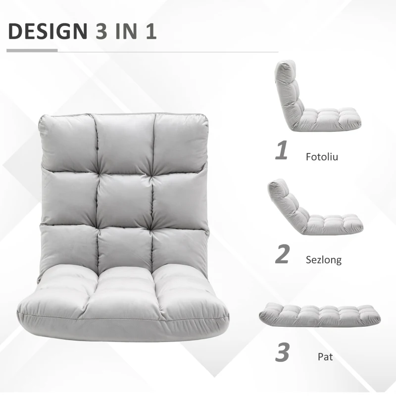 HOMCOM Fotoliu Relax pentru podea cu spatar inclinat la 180°, husa si captuseala groasa, 71x55x53,5 cm, gri deschis(m-4)