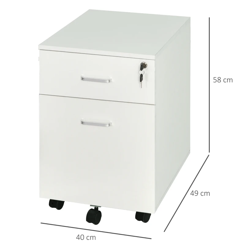Vinsetto Cajonera de Oficina con Ruedas Mueble Archivador con 2 Cajones para Documentos en Tamaño A4 Cerradura 40x49x58 cm Blanco