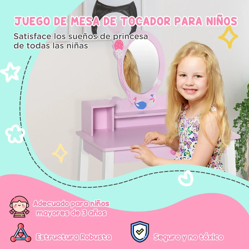 HOMCOM Tocador Infantil con Taburete y Espejo tipo Princesa Mesita de Maquillaje de Madera Rosa Juguete para Niñas 60x34x93 cm