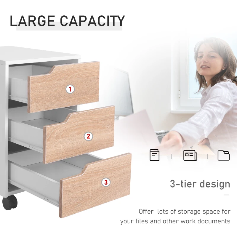 HOMCOM 3 Drawer Mobile File Cabinet, Vertical Filing Cabinet with Wheels for Home Office, Oak