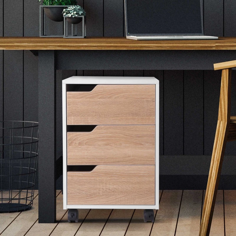 HOMCOM 3 Drawer Mobile File Cabinet, Vertical Filing Cabinet with Wheels for Home Office, Oak