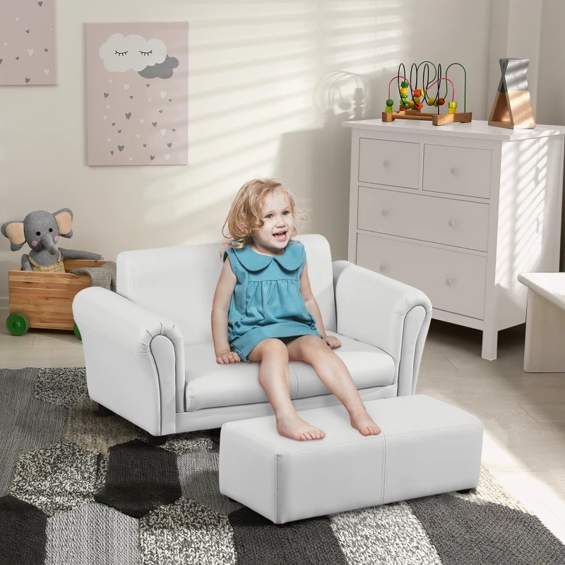 HOMCOM Childrens Sofa Chair, 2 Seater Toddler Chair Kids Twin Sofa Boys Girls Couch w/ Footstool (White)