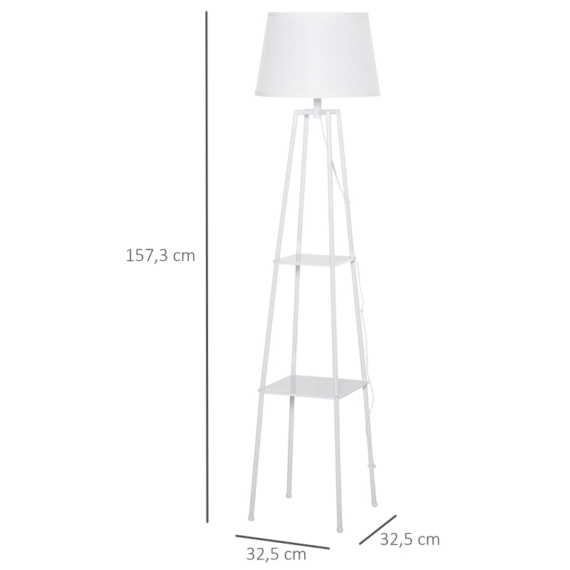 HOMCOM Lámpara de Pie Trípode de Metal Casquillo E27 de Máximo 40W con Pantalla de Lino y Estante de 2 Niveles 32,5x32,5x157,3 cm Blanco