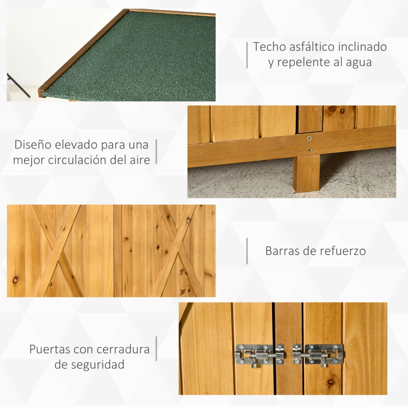 Outsunny Caseta de Jardín de Madera 140x75x157 cm Cobertizo para Almacenaje de Herramientas con Techo Asfáltico Estantería y 2 Puertas con Cerrojo para Exterior Terraza Natural
