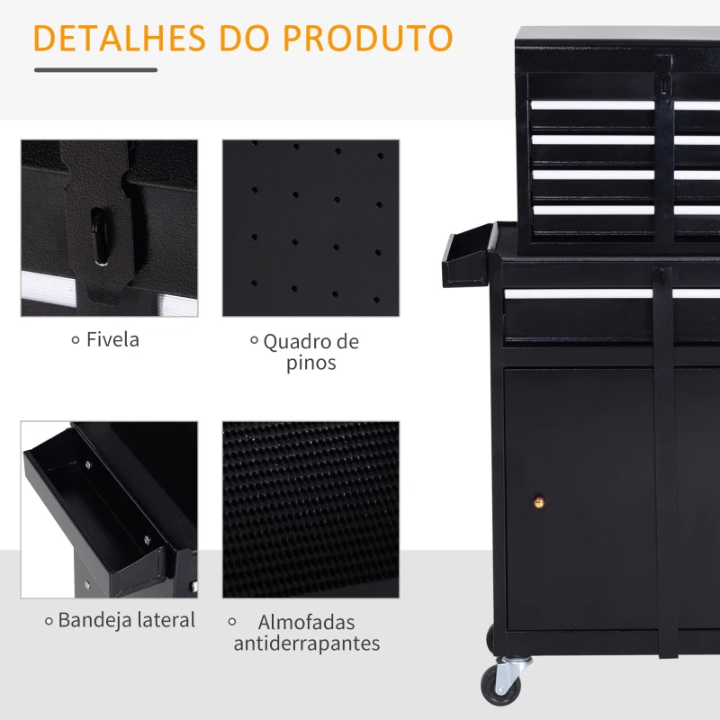 DURHAND Carro de Ferramentas com Rodas Carro de Ferramentas Móvel com 5 Gavetas Armário de Armazenamento e Almofada Antiderrapante Carga 52kg para Garagem 60x28x104,5cm Preto