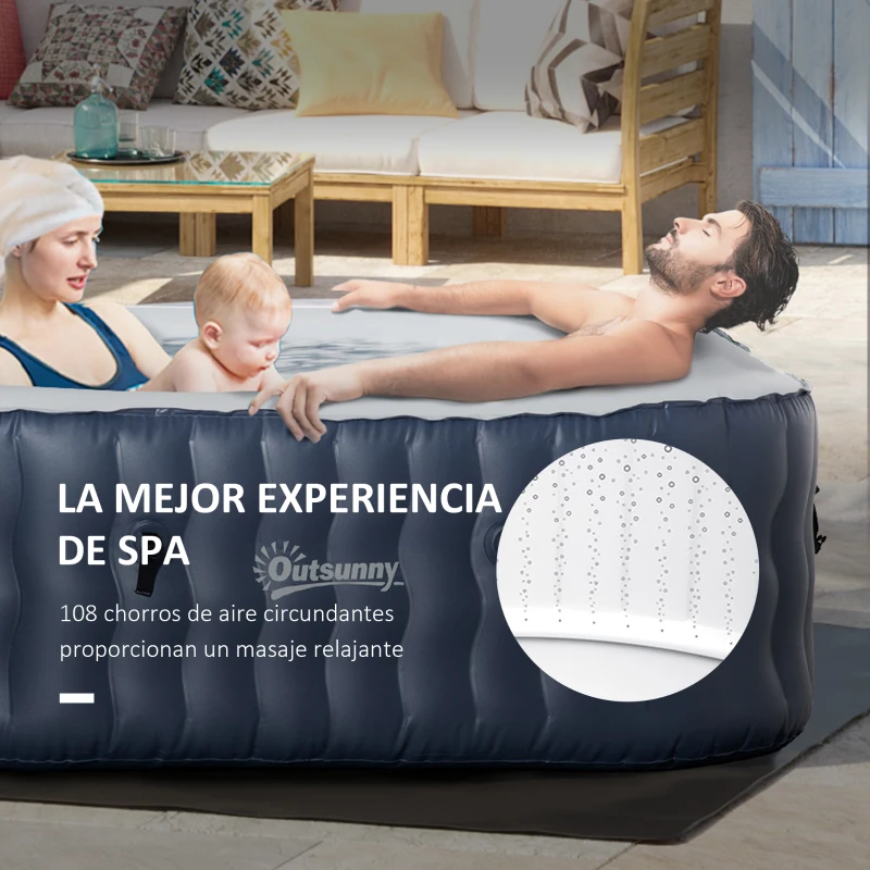 Outsunny Spa Hinchable Cuadrado para 4 Personas 930L 180x180x68 cm con 108 Chorros de Masaje Azul