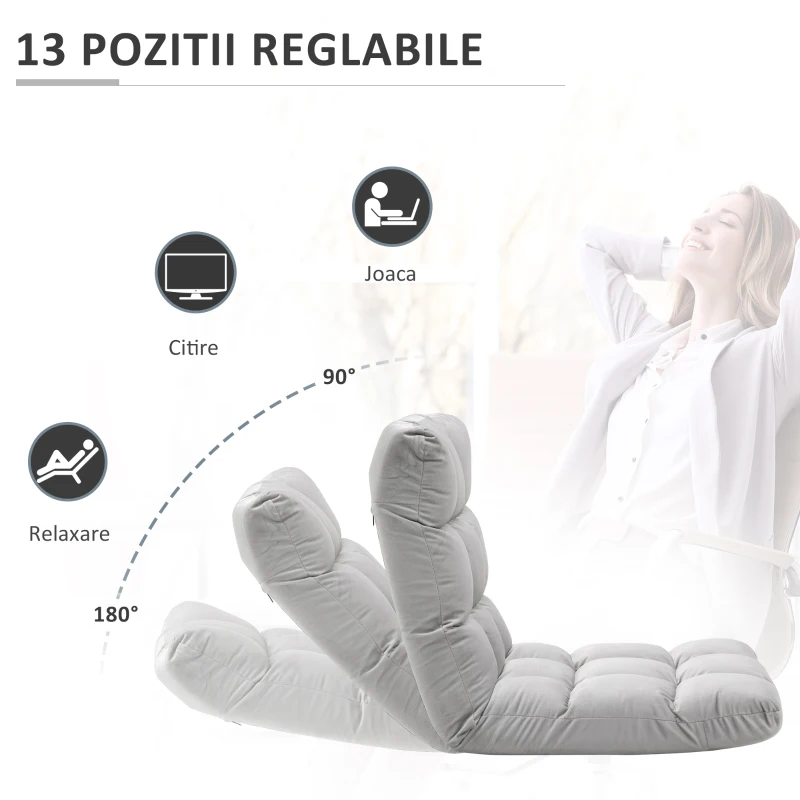 HOMCOM Fotoliu Relax pentru podea cu spatar inclinat la 180°, husa si captuseala groasa, 71x55x53,5 cm, gri deschis(m-5)