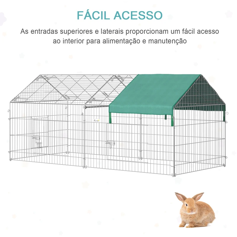 PawHut Gaiola para Animais de Estimação Gaiola para Coelhos e Galinhas com 2 Portas e Proteção Solar 220x103x103cm Prata e Verde