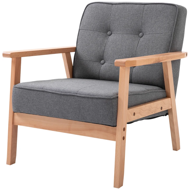 HOMCOM Poltrona Individual Estofada em Linho com Assento Acolchoado e Estrutura de Madeira 70x64,5x74cm Cinza e Madeira