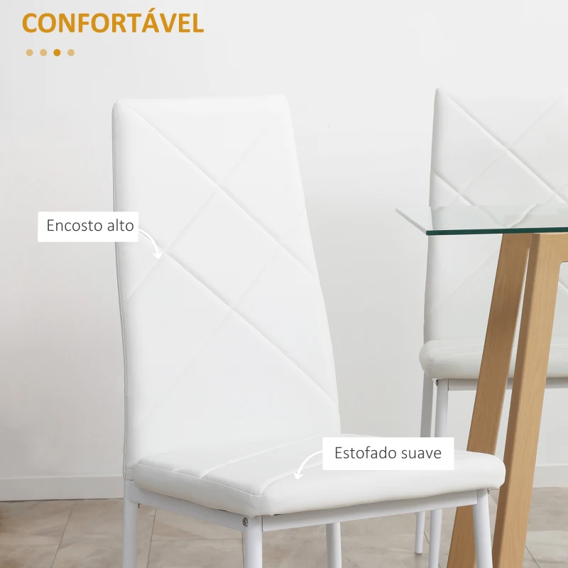 HOMCOM Conjunto de 4 Cadeiras de Sala de Jantar Estofadas em Couro Sintético com Encosto Alto e Pés de Aço 41x50x97cm Branco