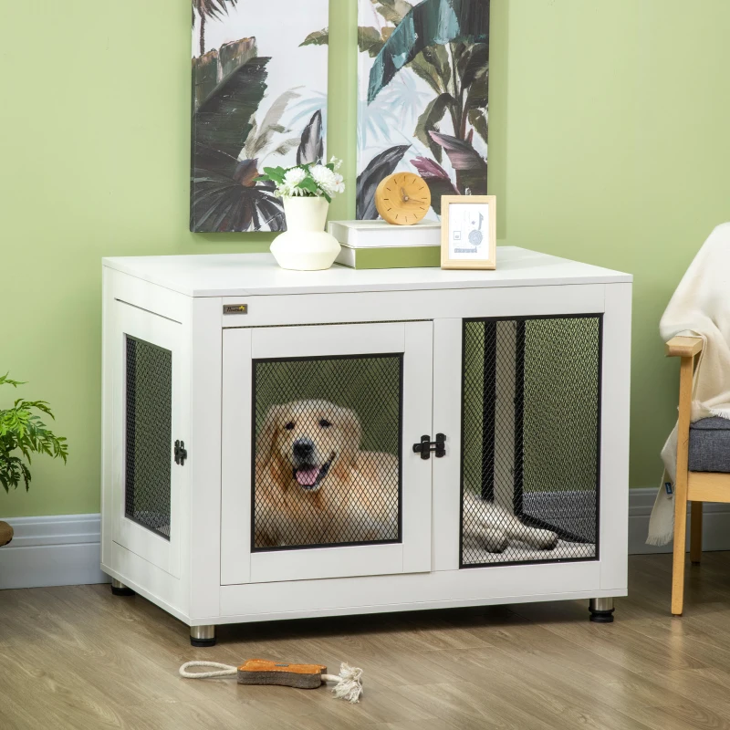 PawHut Gaiola para Cães de Madeira Mesa de Centro l com 2 Portas com Fechadura Almofada de Tecido Oxford 94x60x71,5cm Branco