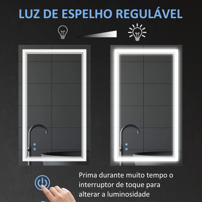 kleankin Espelho Casa de Banho com Luz LED com Interruptor Tátil 3 Luzes Ajustáveis Função de Memória 100x60cm Prata