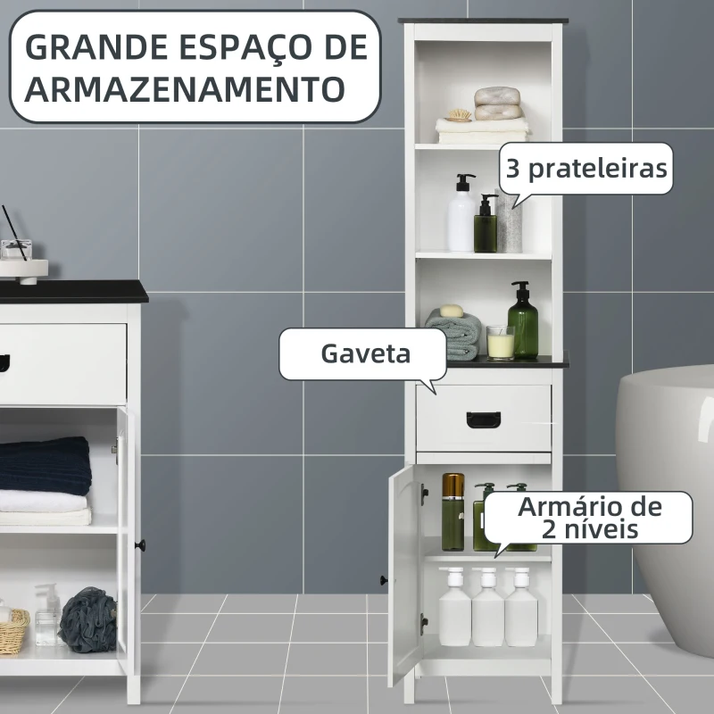 kleankin Coluna Casa de Banho com 3 Prateleiras de Armazenamento Armário e Gaveta 40x30x160cm Branco e Preto