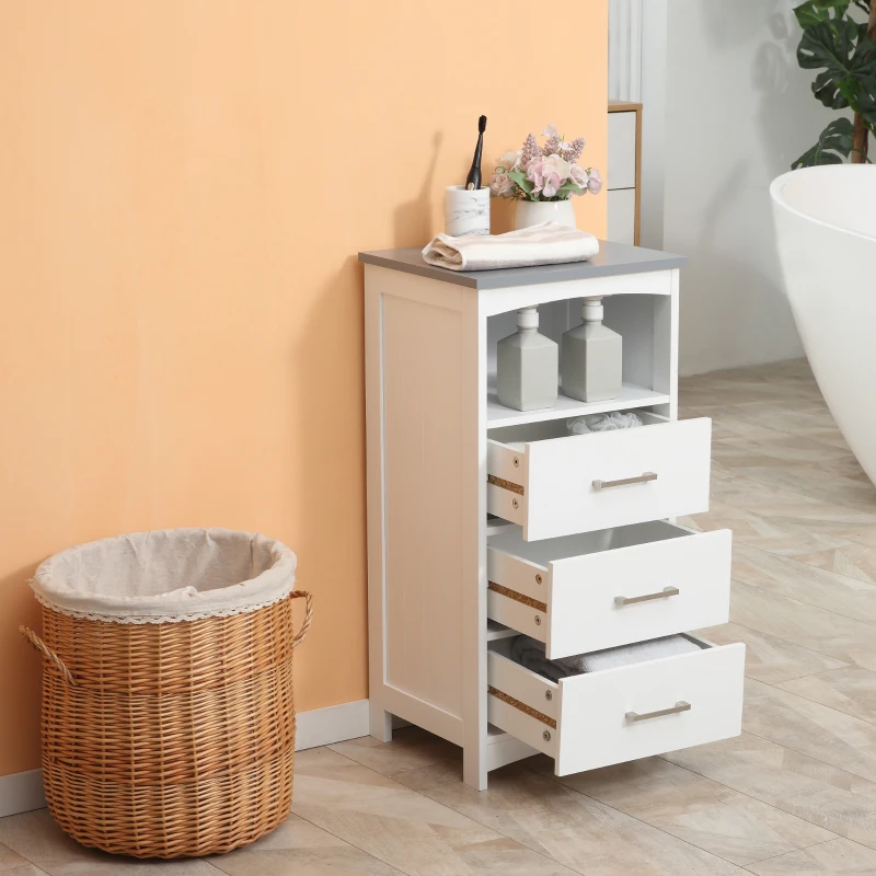 Kleankin Dulapior de Baie cu Raft Deschis si 3 Sertare, Design Ridicat din MDF, 40x33x80cm, Alb(m-2)