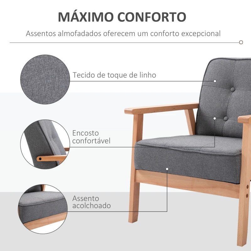HOMCOM Poltrona Individual Estofada em Linho com Assento Acolchoado e Estrutura de Madeira 70x64,5x74cm Cinza e Madeira