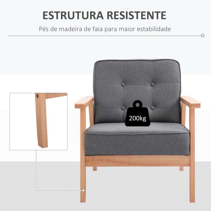 HOMCOM Poltrona Individual Estofada em Linho com Assento Acolchoado e Estrutura de Madeira 70x64,5x74cm Cinza e Madeira