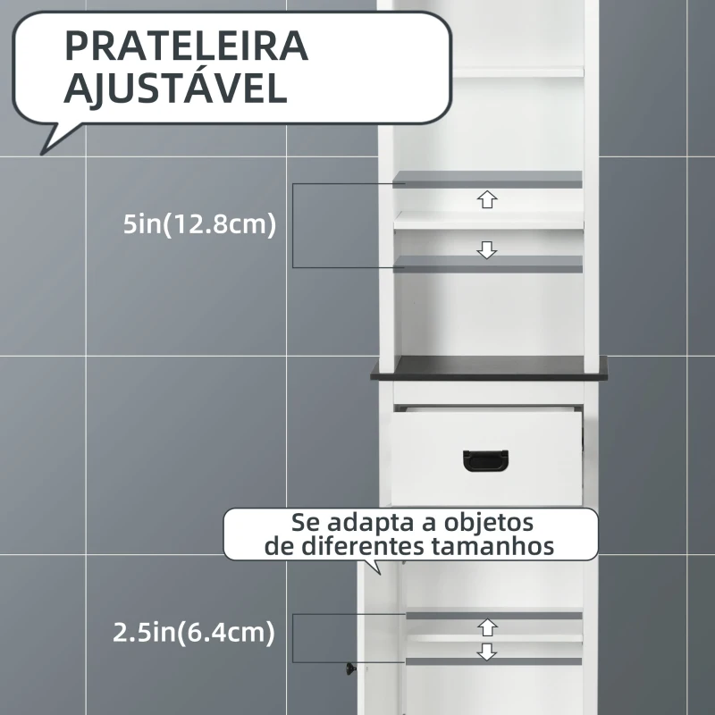 kleankin Coluna Casa de Banho com 3 Prateleiras de Armazenamento Armário e Gaveta 40x30x160cm Branco e Preto