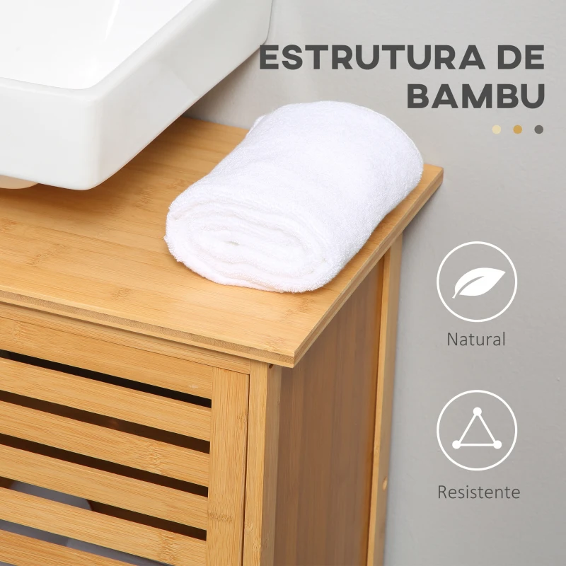 kleankin Móvel para Lavatório Pousar de Bambu com 2 Portas Armário Casa de Banho de Chão 66x29x61,5cm Madeira