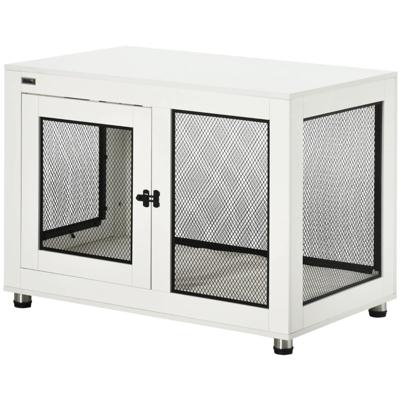 PawHut Gaiola para Cães de Madeira Mesa de Centro l com 2 Portas com Fechadura Almofada de Tecido Oxford 94x60x71,5cm Branco