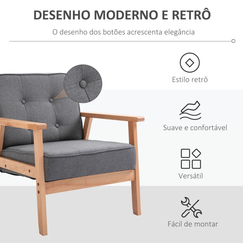 HOMCOM Poltrona Individual Estofada em Linho com Assento Acolchoado e Estrutura de Madeira 70x64,5x74cm Cinza e Madeira