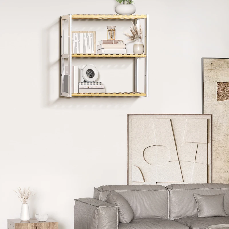 HOMCOM Estante de Parede de Bambu de 3 Níveis Estante Suspensa para Sala de Estar Dormitório Cozinha 60x15x54cm Madeira e Branco