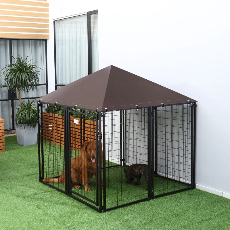 PawHut Parque para Animais de Estimação com Teto Malha de Metal e Porta com Fechadura para 141x141x153cm Preto