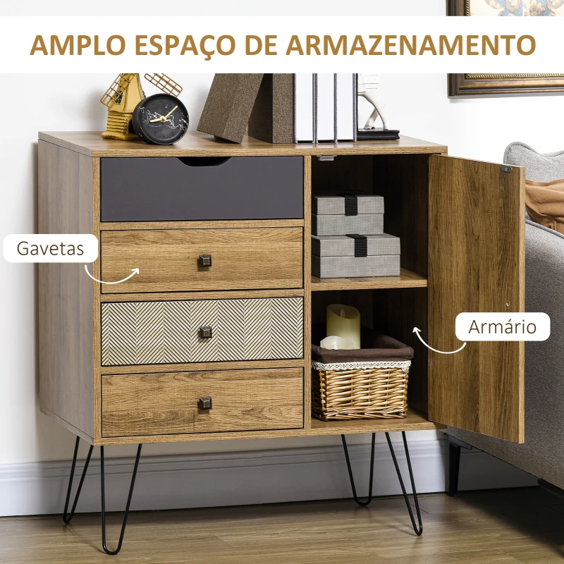 HOMCOM Cómoda de Madeira com 4 Gavetas Porta Prateleira Ajustável e Pés de Metal para Sala de Estar Dormitório 79x39x86cm Marrom