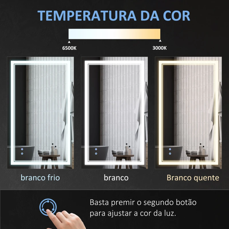 kleankin Espelho Casa de Banho com Luz LED com Interruptor Tátil 3 Luzes Ajustáveis Função de Memória 100x60cm Prata