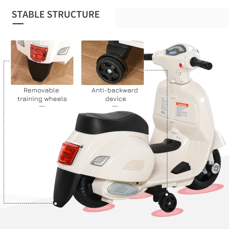 HOMCOM Motocicleta Electrica pentru Copii Baterie 6V Faruri si Claxon 18-36 luni Alba(m-6)