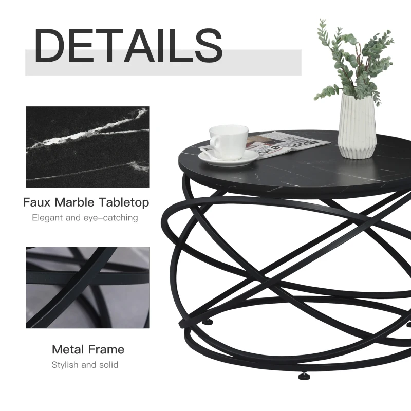HOMCOM Masuta pentru Cafea Rotunda Blat Efect Marmura Cadru din Metal Negru