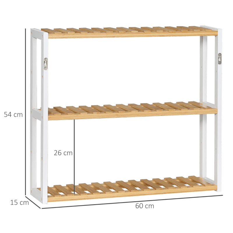 HOMCOM Estante de Parede de Bambu de 3 Níveis Estante Suspensa para Sala de Estar Dormitório Cozinha 60x15x54cm Madeira e Branco