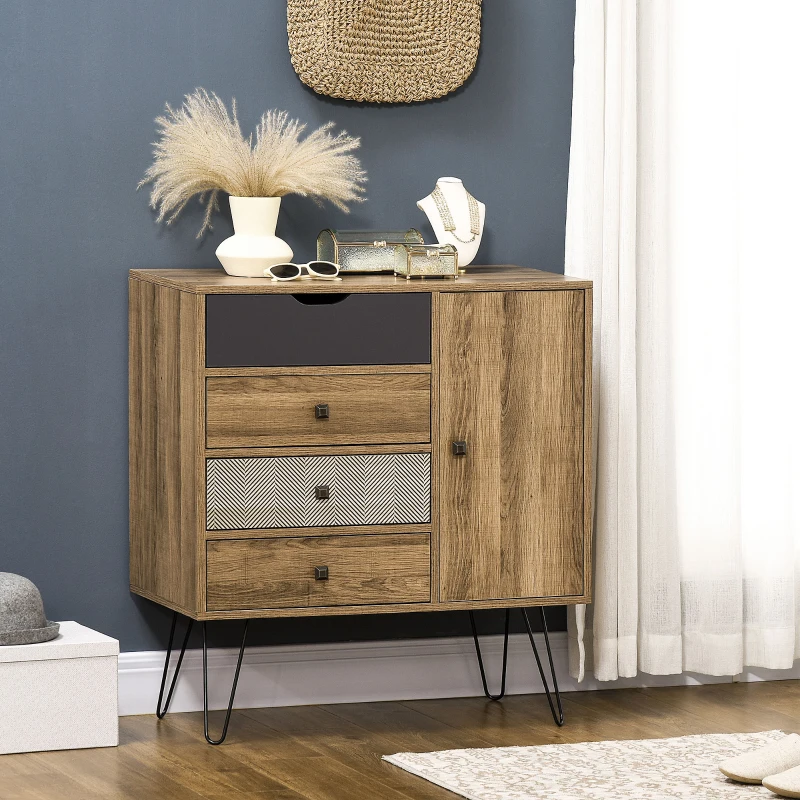 HOMCOM Cómoda de Madeira com 4 Gavetas Porta Prateleira Ajustável e Pés de Metal para Sala de Estar Dormitório 79x39x86cm Marrom