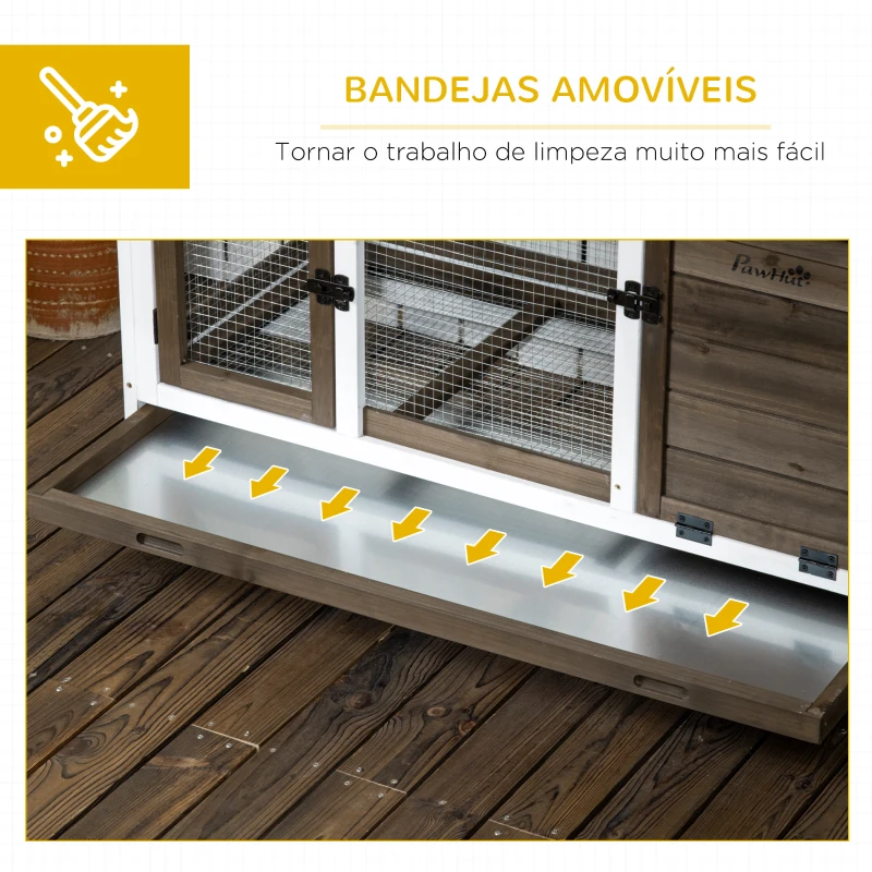 PawHut Coelheira de Madeira com Rodas para 1-2 Coelhos com Teto Abatível Bandeja Amovível 108x58x73,5cm Marrom Café e Branco