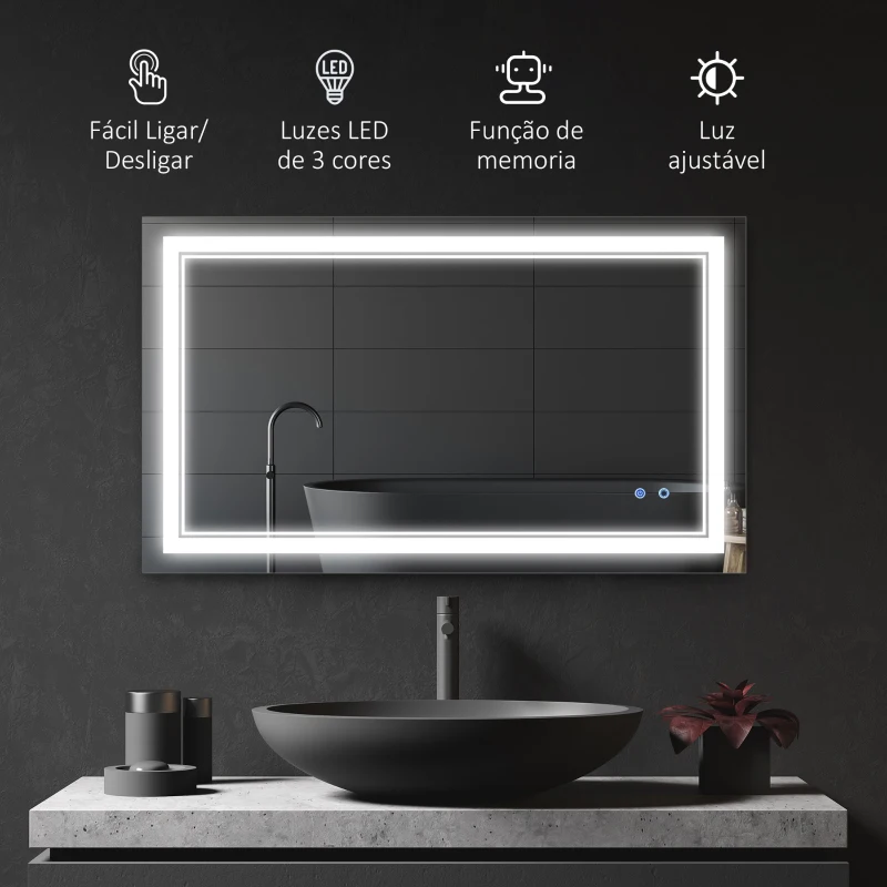 kleankin Espelho Casa de Banho com Luz LED com Interruptor Tátil 3 Luzes Ajustáveis Função de Memória 100x60cm Prata