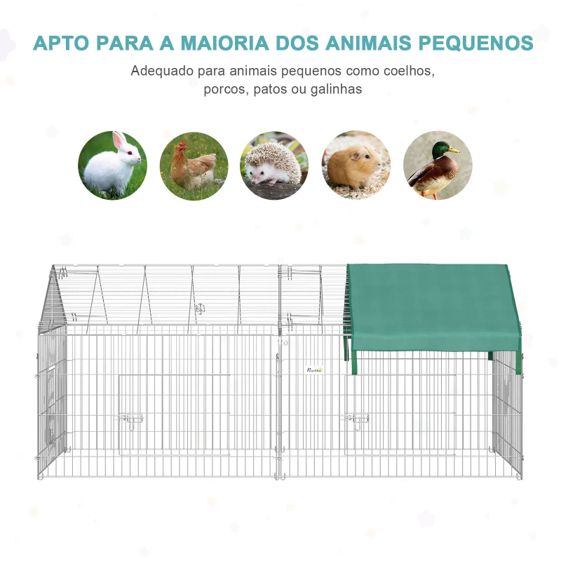 PawHut Gaiola para Animais de Estimação Gaiola para Coelhos e Galinhas com 2 Portas e Proteção Solar 220x103x103cm Prata e Verde