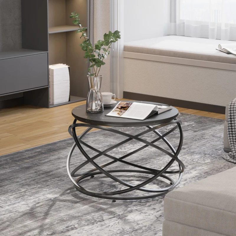 HOMCOM Masuta pentru Cafea Rotunda Blat Efect Marmura Cadru din Metal Negru