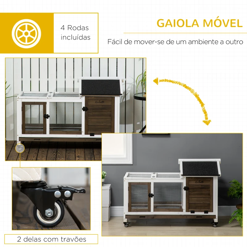 PawHut Coelheira de Madeira com Rodas para 1-2 Coelhos com Teto Abatível Bandeja Amovível 108x58x73,5cm Marrom Café e Branco