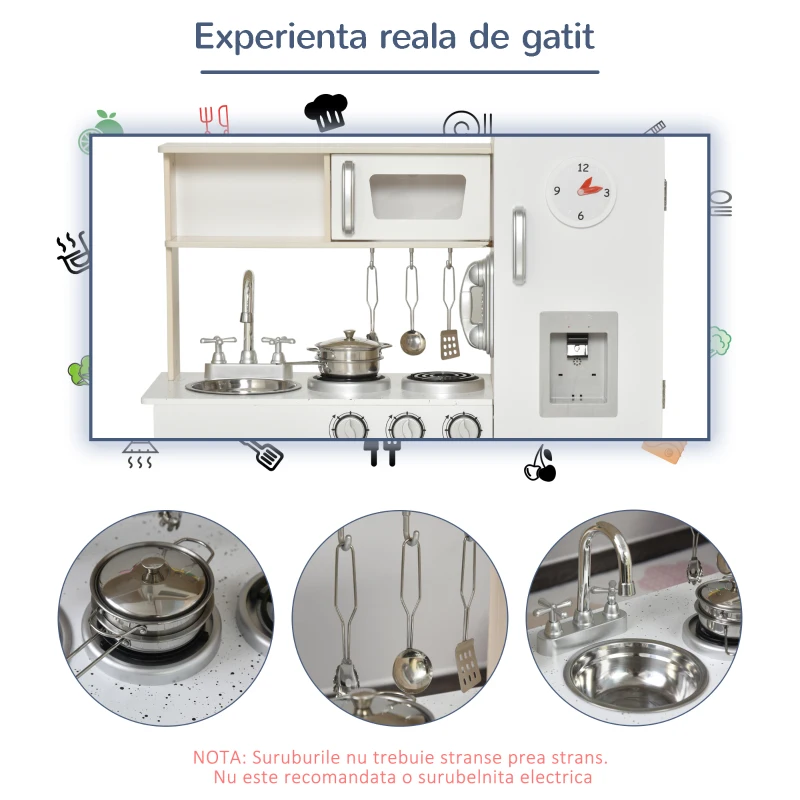HOMCOM Bucatarie Jucarie din Lemn pentru Copii, cu Oale si Ustensile din Otel