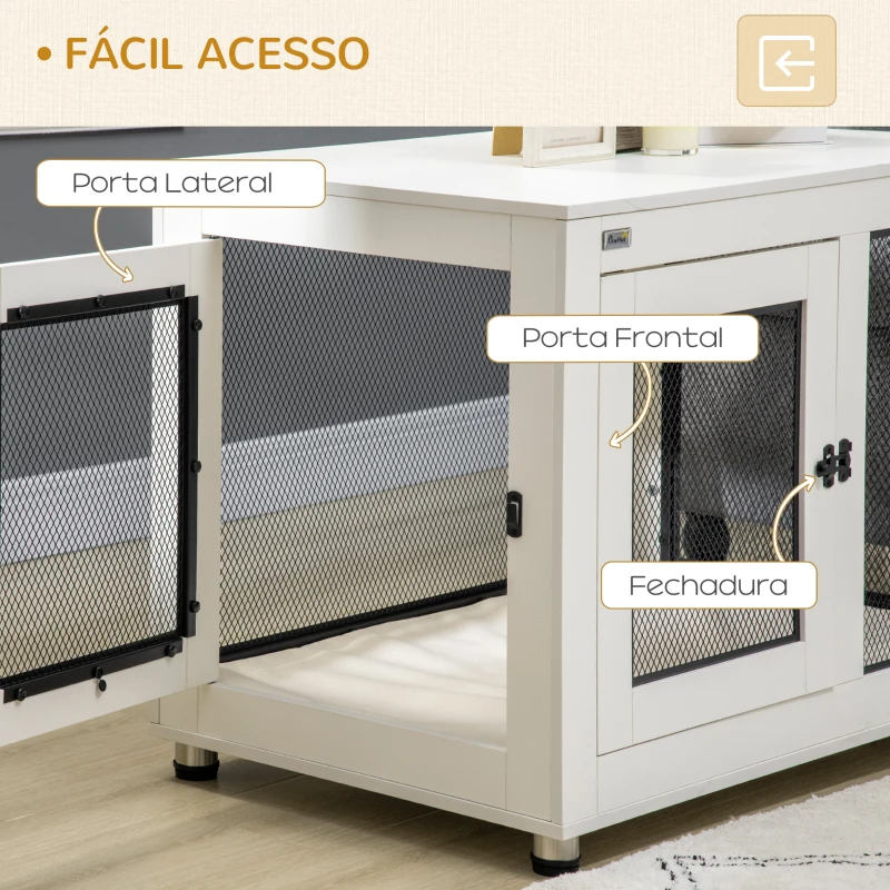 PawHut Gaiola para Cães de Madeira Mesa de Centro l com 2 Portas com Fechadura Almofada de Tecido Oxford 94x60x71,5cm Branco
