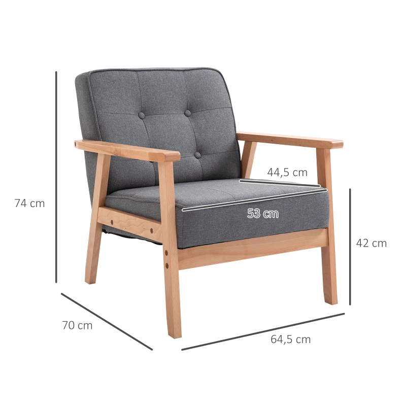 HOMCOM Poltrona Individual Estofada em Linho com Assento Acolchoado e Estrutura de Madeira 70x64,5x74cm Cinza e Madeira