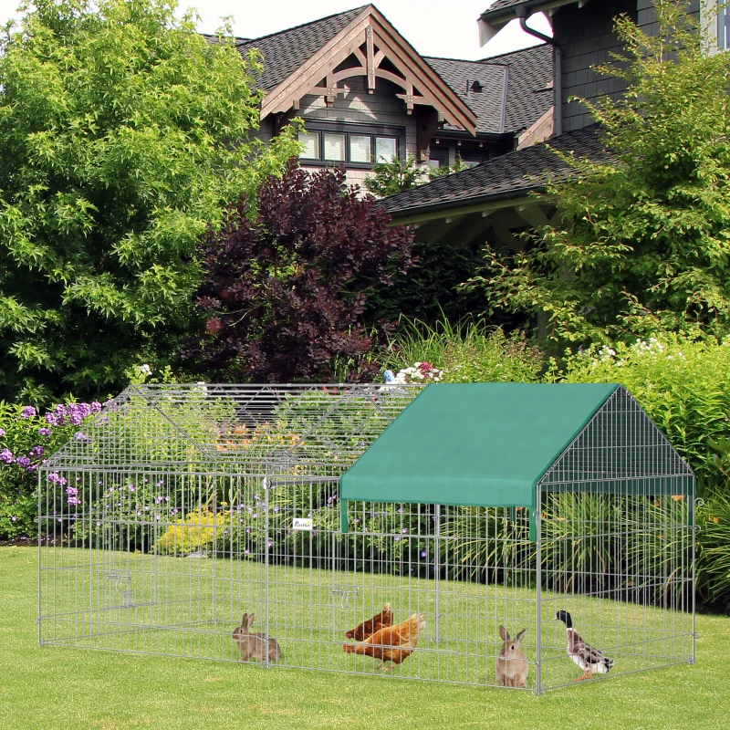 PawHut Gaiola para Animais de Estimação Gaiola para Coelhos e Galinhas com 2 Portas e Proteção Solar 220x103x103cm Prata e Verde
