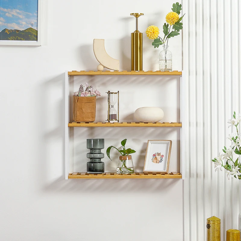 HOMCOM Estante de Parede de Bambu de 3 Níveis Estante Suspensa para Sala de Estar Dormitório Cozinha 60x15x54cm Madeira e Branco