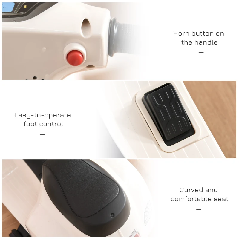 HOMCOM Motocicleta Electrica pentru Copii Baterie 6V Faruri si Claxon 18-36 luni Alba(m-7)