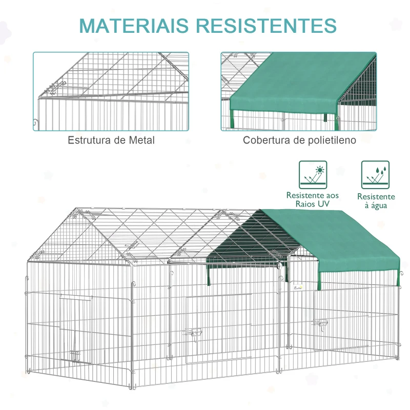 PawHut Gaiola para Animais de Estimação Gaiola para Coelhos e Galinhas com 2 Portas e Proteção Solar 220x103x103cm Prata e Verde