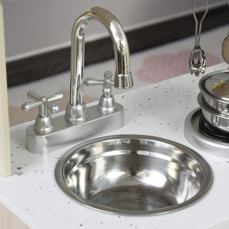 HOMCOM Bucatarie Jucarie din Lemn pentru Copii, cu Oale si Ustensile din Otel