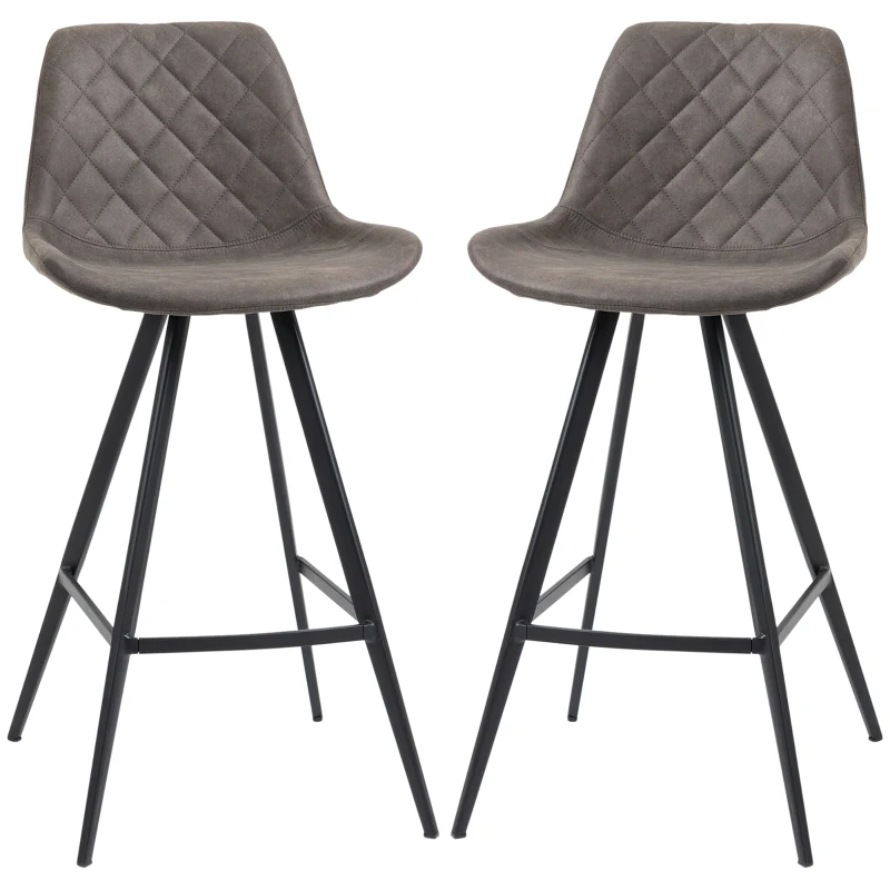 HOMCOM Set Of 2 Bar Stools Vintage Microfiber Cloth Tub Seats Padded Comfortable Steel Frame Footrest Quilted Home Bar Cafe Kitchen Chair Stylish Dark Grey