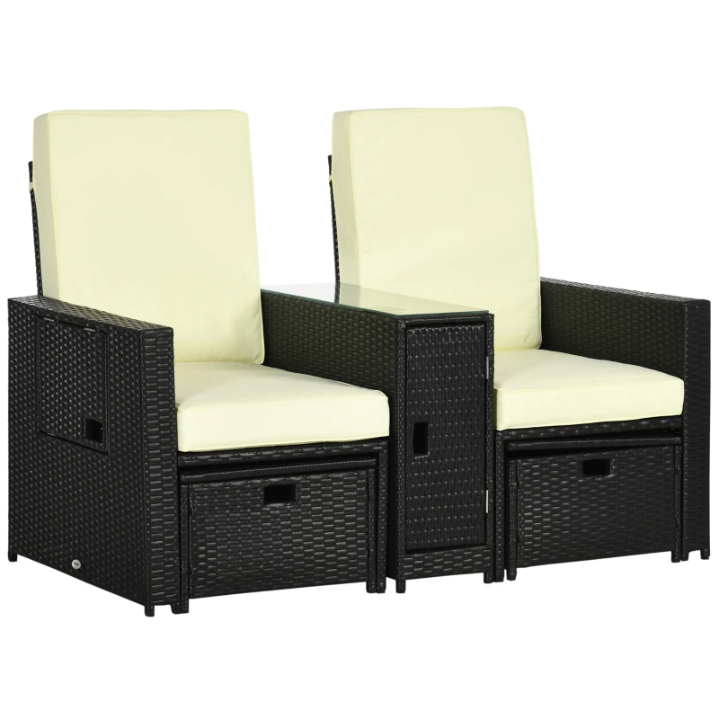 Outsunny 5PC PE Rattan Sun Lounger, Outdoor Wicker 5-level Adjustable Recliner Sofa Bed with Storage Side Table and Footstools, for Patio, Garden, Poolside, Black