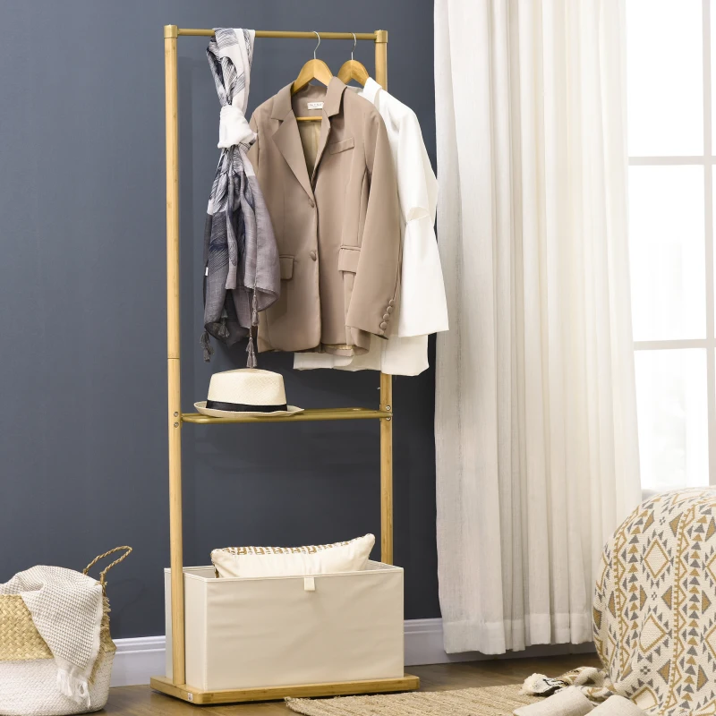 HOMCOM Clothes Rail, Bamboo Coat Stand, Garment Rack with Open Shelves and Fabric Storage Box for Bedroom, Hallway, Natural